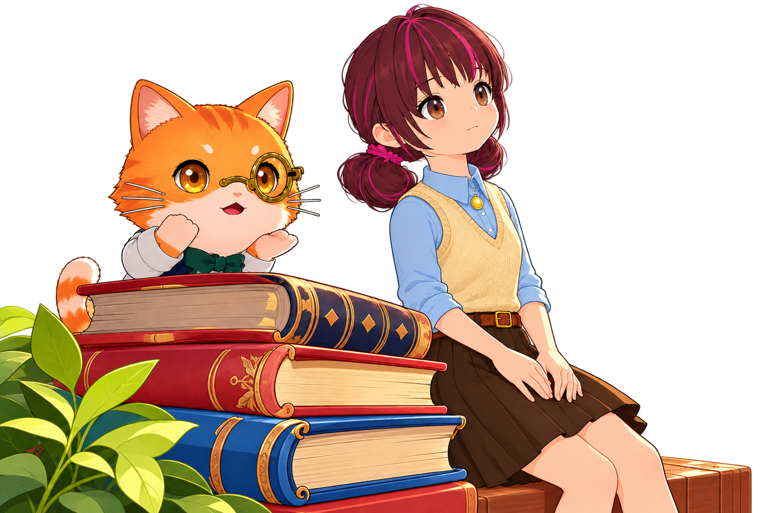 Illustration of Esther and Bucks beside a stack of books in the library.